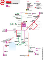 Farbiges Streckennetz mit Linien für verschiedene Bus- und Bahnverbindungen in Prenzlau.