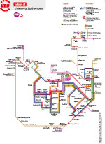 Farbiges Streckennetz mit Linien für verschiedene Bus- und Bahnverbindungen in Schwedt.