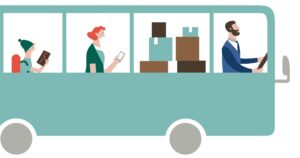Ein Bus, der Pakete und Fahrgäste befördert.