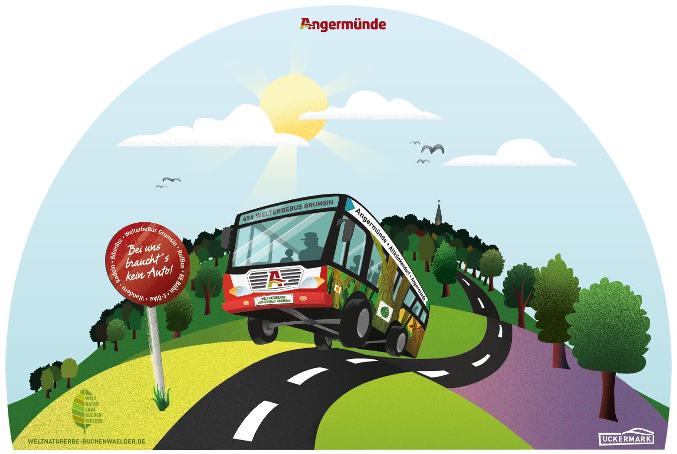 Grafik: Bus mit der Aufschrift "496 WelterbeBus Grumsin".