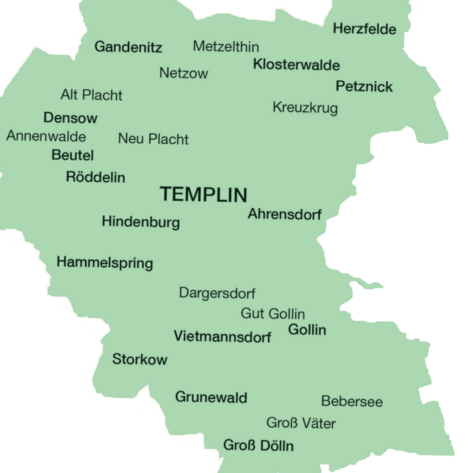 Die Stadt Templin mit den zugehörigen Ortsteilen ist zu sehen.