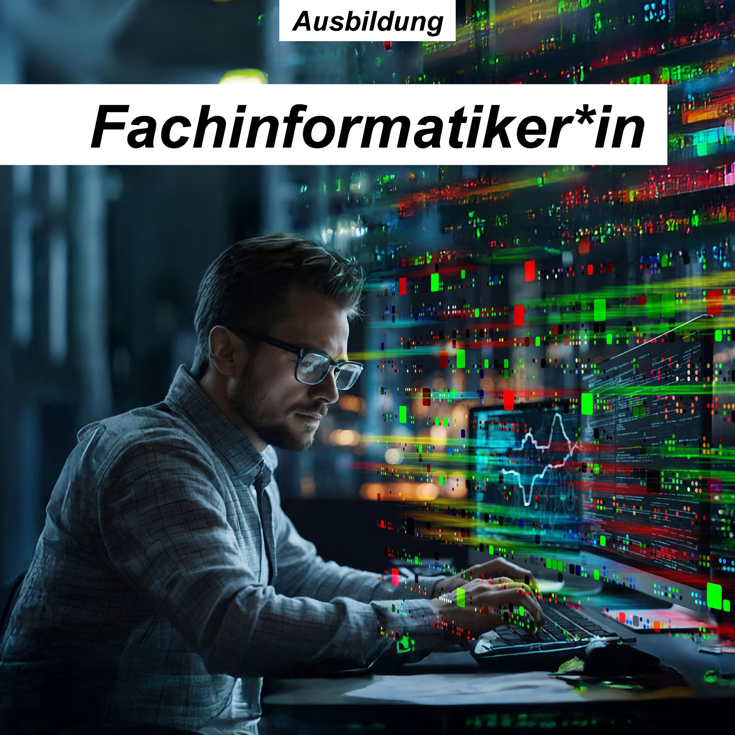 Fachinformatiker sitzt vor einem PC und kümmert sich um die IT-Systeme.