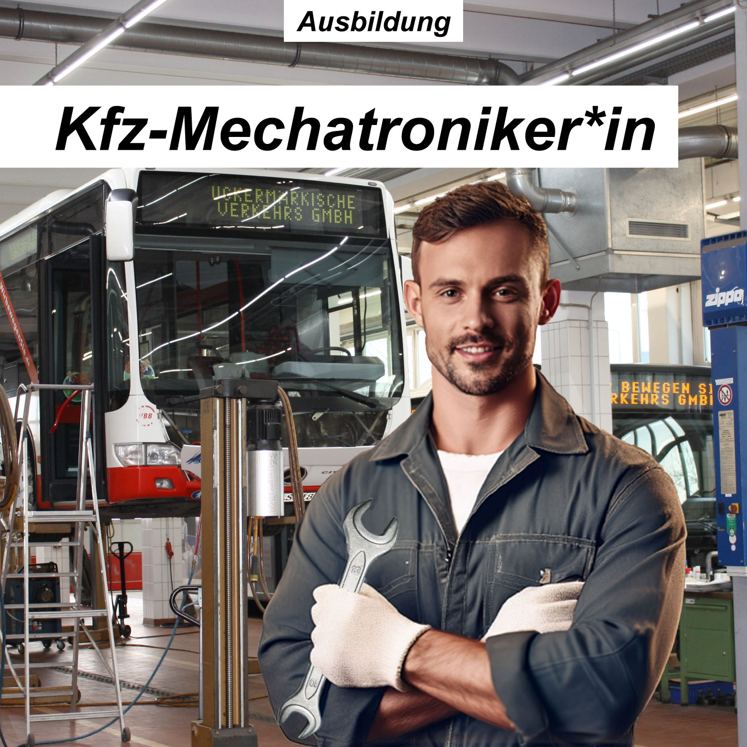 Kfz-Mechatroniker steht mit Werkzeug in einer Werkstatt,