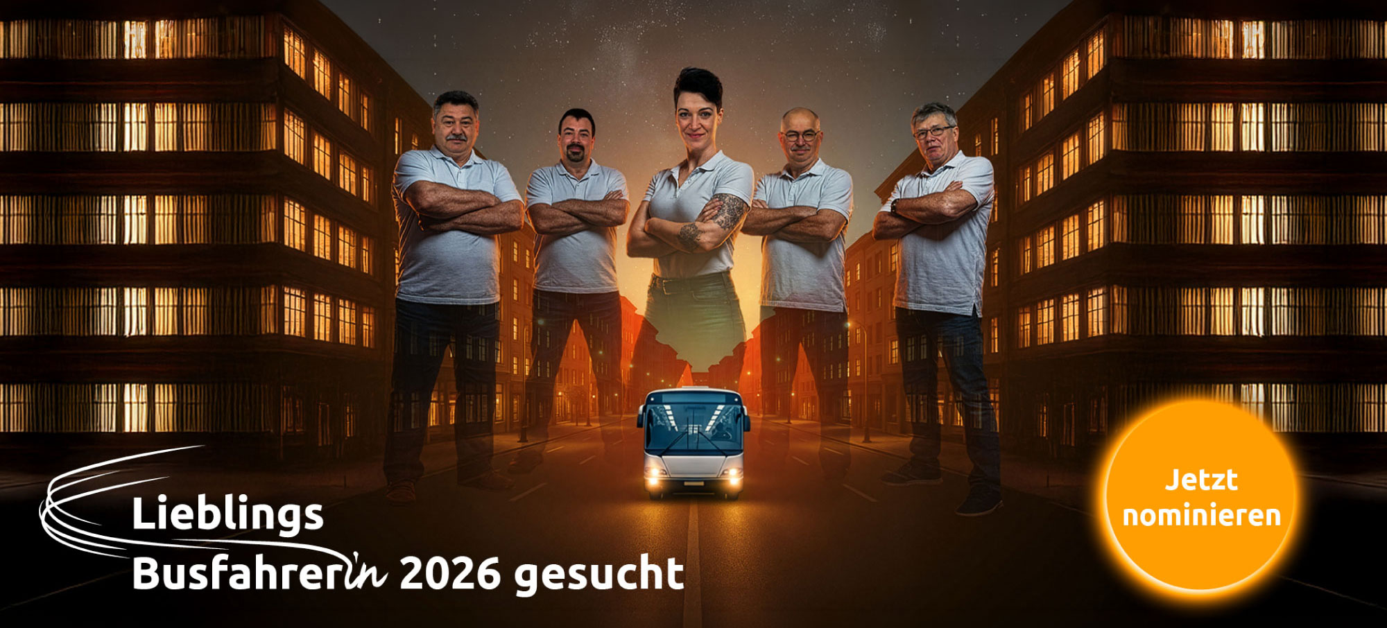 Hier sieht man Busfahrer mit verschrenkten Armen, stark ausfgestellt.